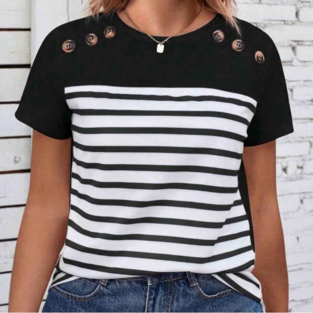 Black and White Striped Women's Crew neck Top with button detail Plus Size 18